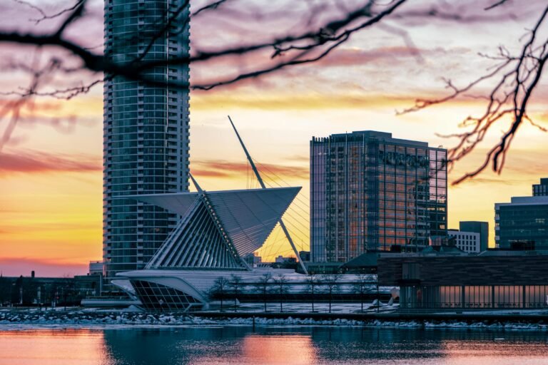 Milwaukee lakefront skyline at sunset